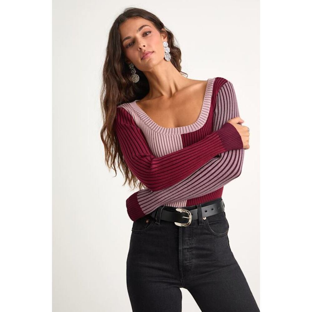 Lulus Mod Cutie Burgundy Color Block Ribbed Long Sleeve Bodysuit Red - Size M